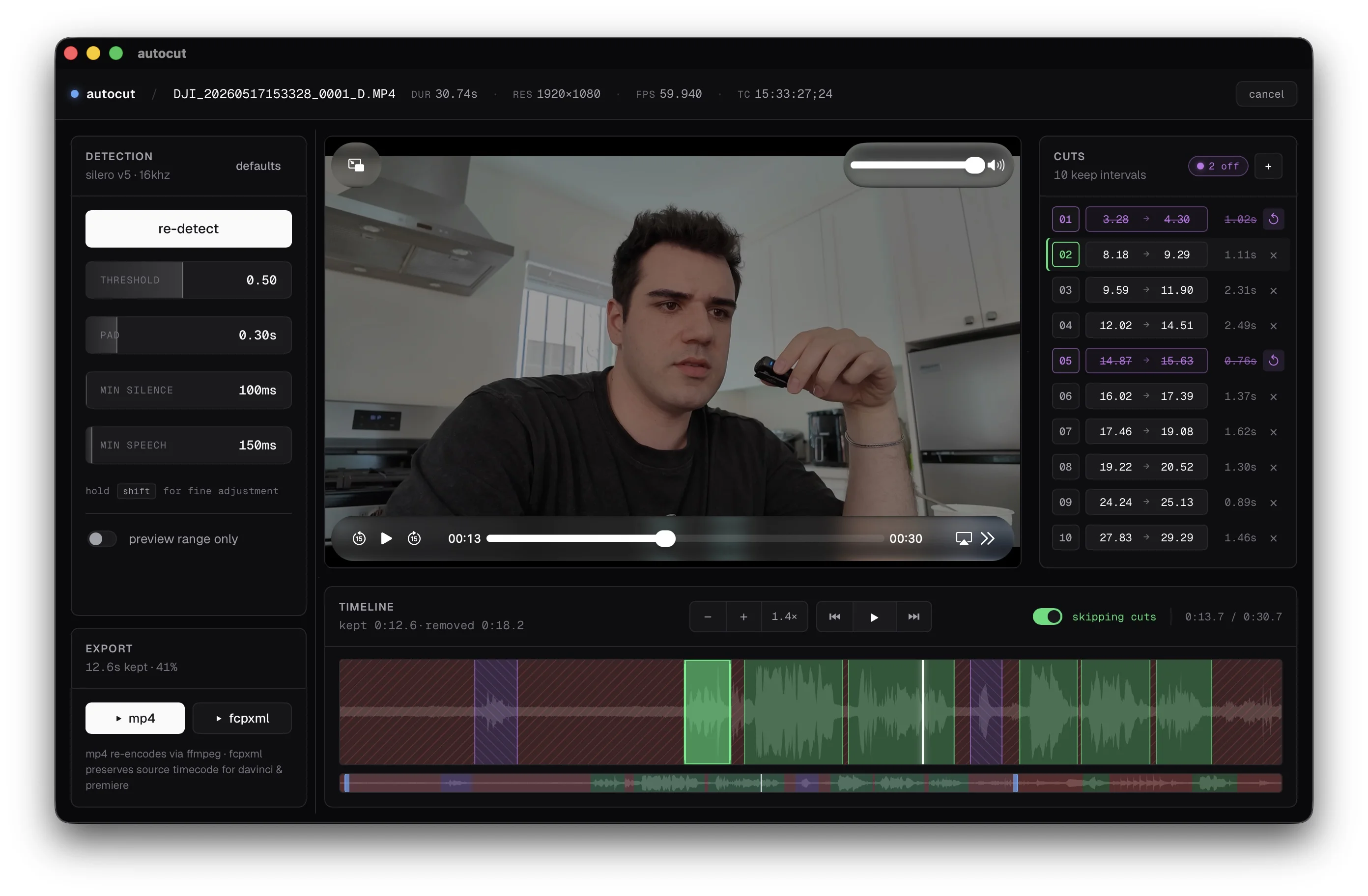 autocut showing a video timeline with silent segments highlighted